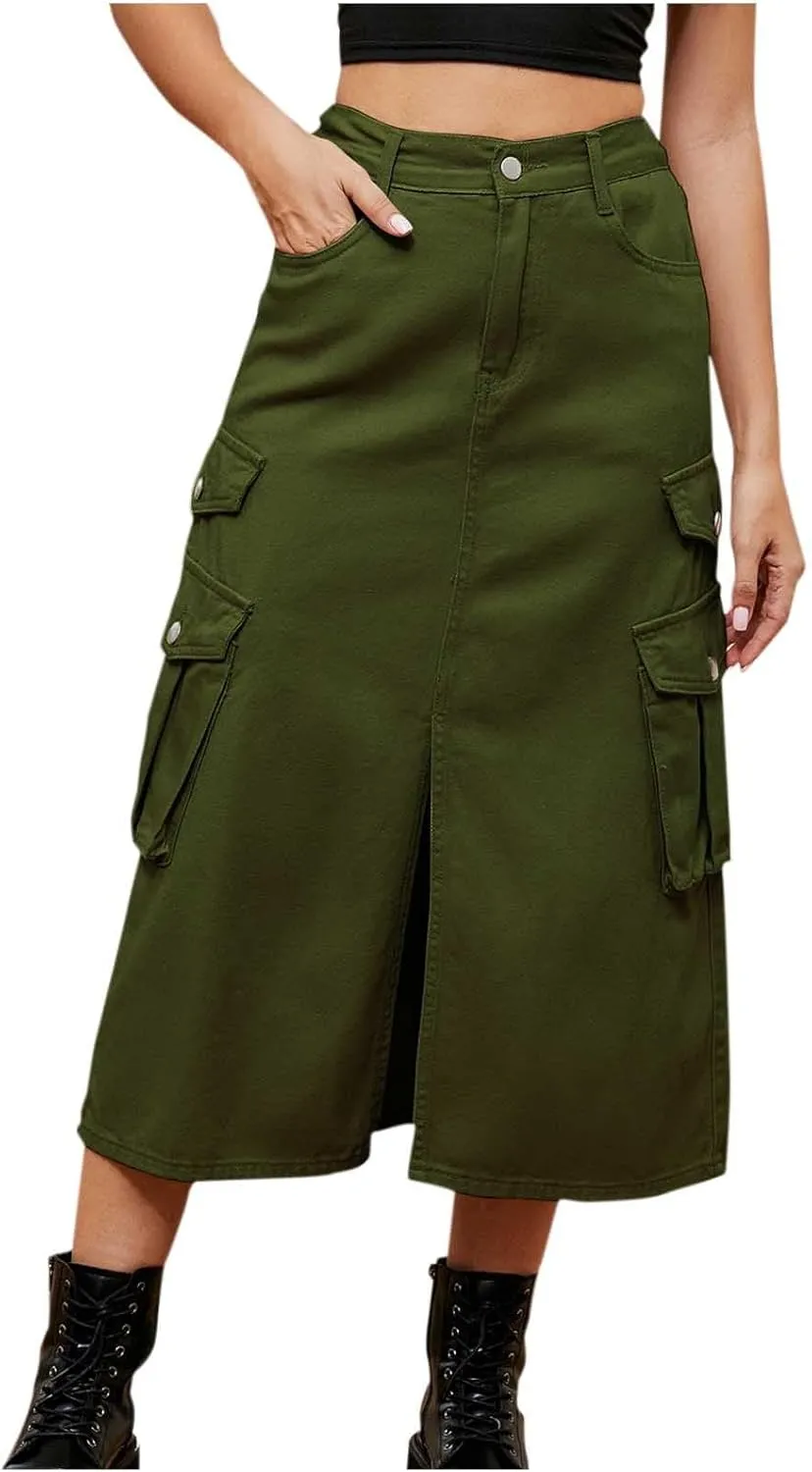 Jean Skirts for Women Multi-Pocket Denim Cargo Skirt High Waisted Pencil Skirt Casual Loose Split Hem Y2K Midi Skirt