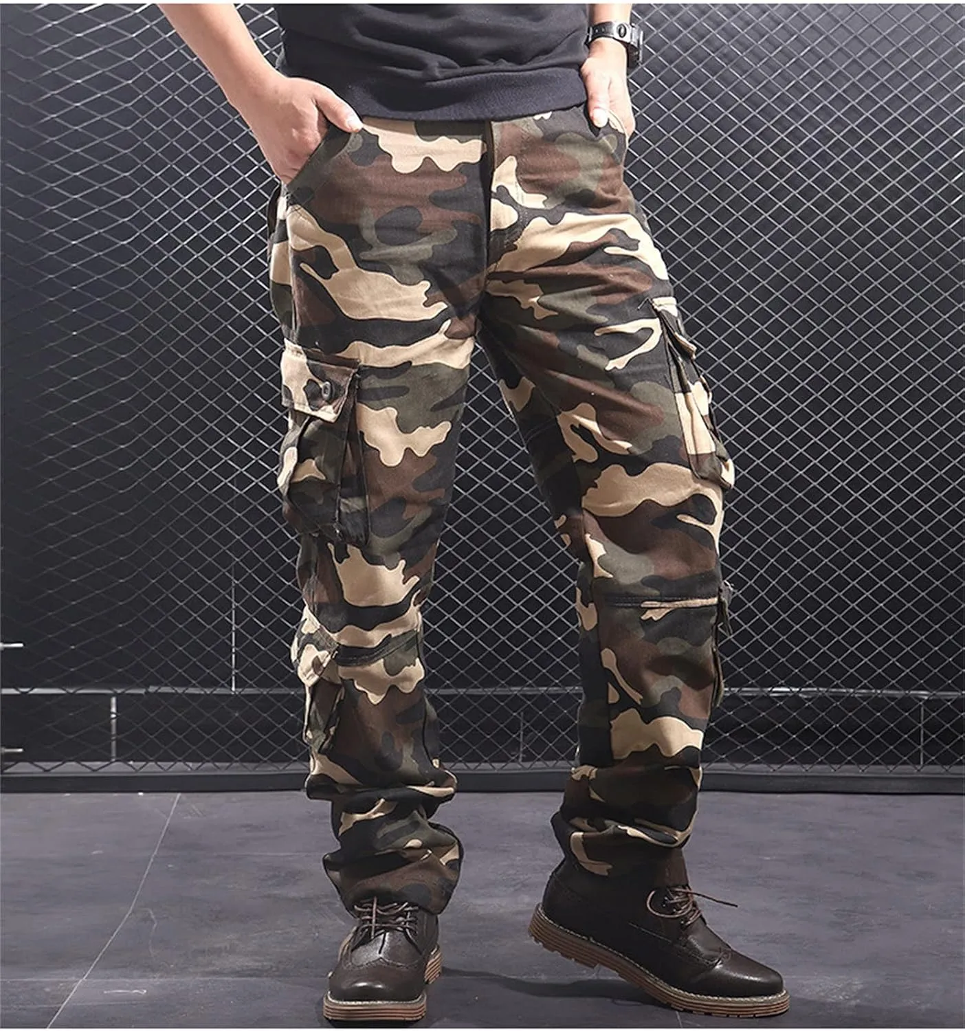 JEKE-DG Men's Regular Tapered Cargo Pant Multi Pocket Military Pants Camo Combat Work Trousers Workwear