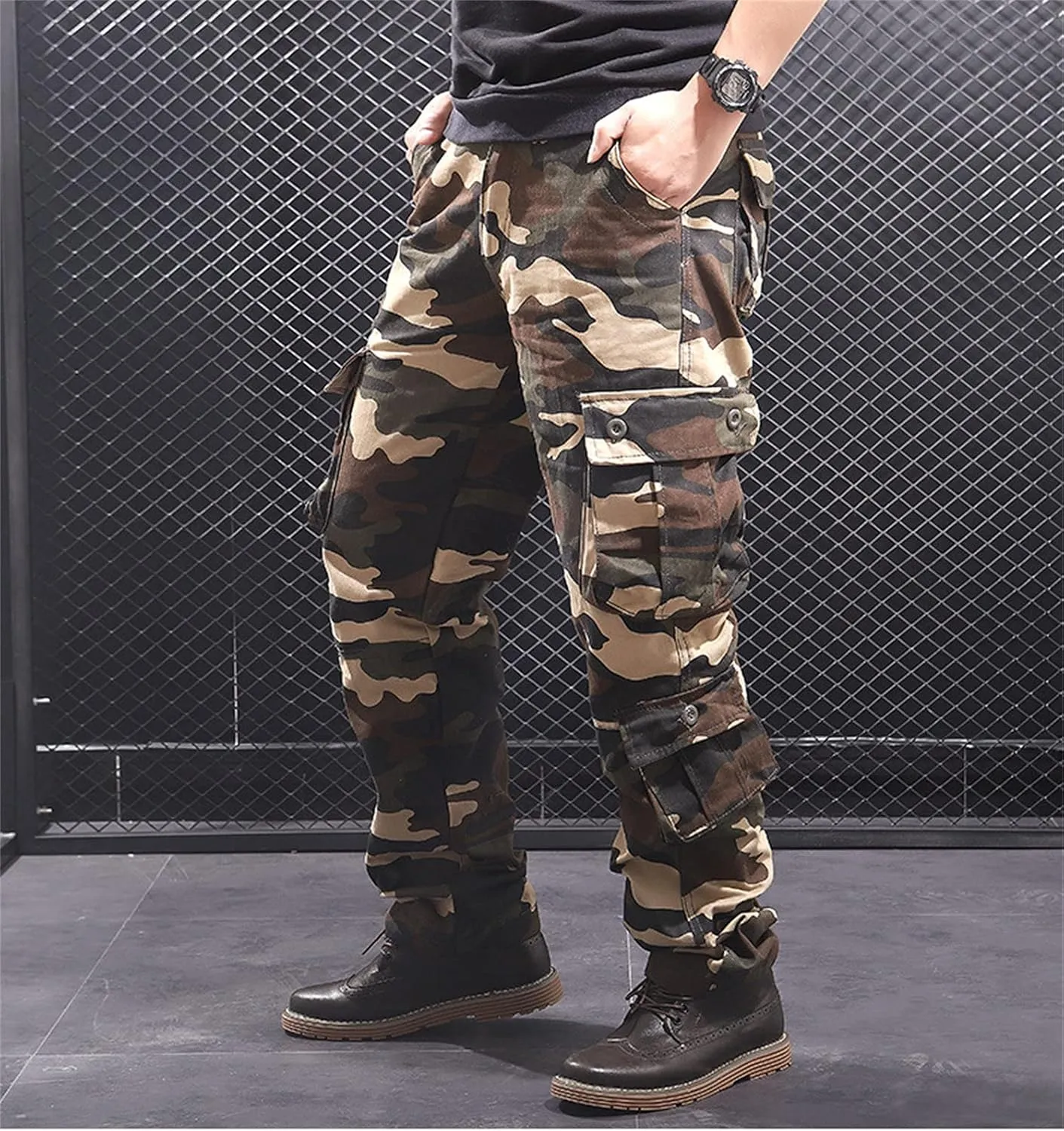 JEKE-DG Men's Regular Tapered Cargo Pant Multi Pocket Military Pants Camo Combat Work Trousers Workwear