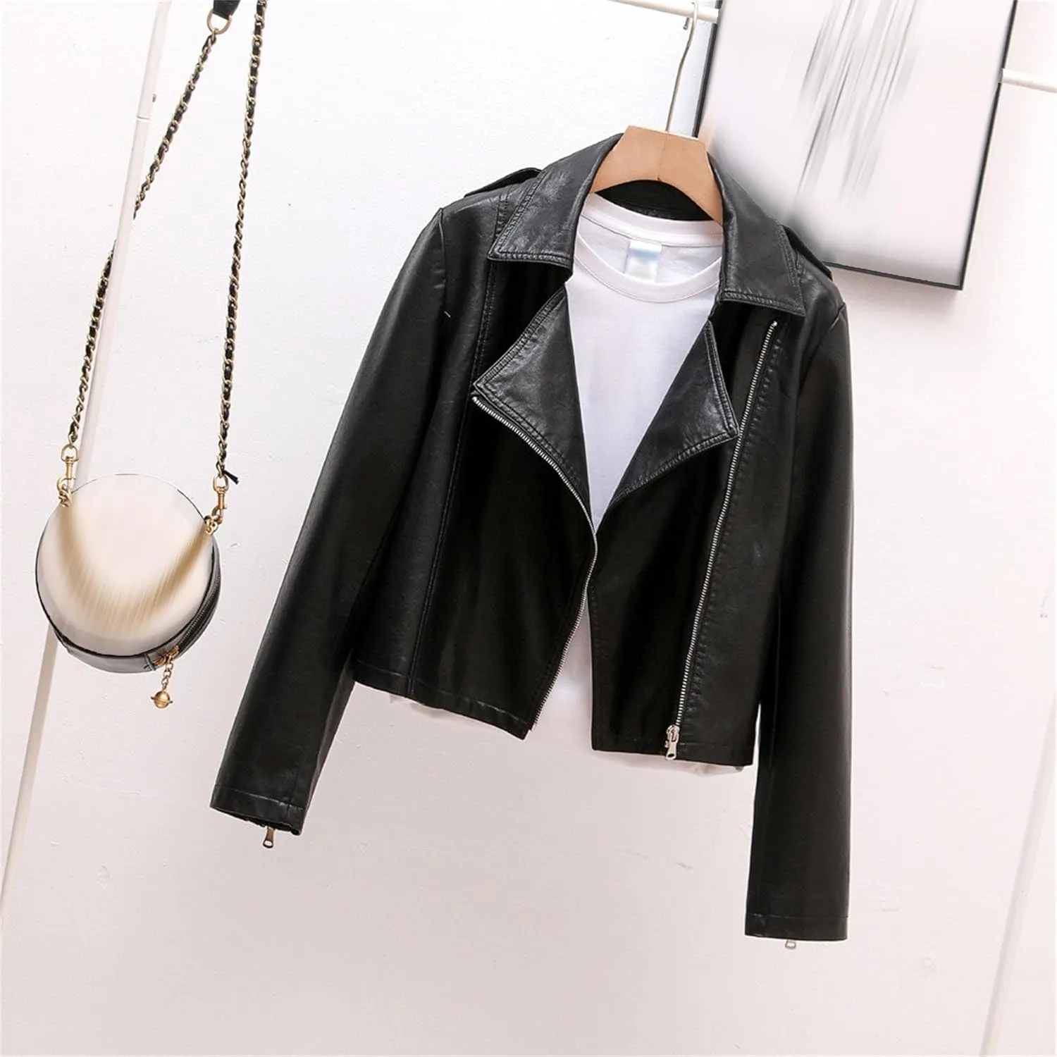 JEKE-DG Women's Wing Collar Solid Moto Biker Coat Faux PU Slim Fit Comfort Coat Jacket Asymmetrical Zip Casual Coats