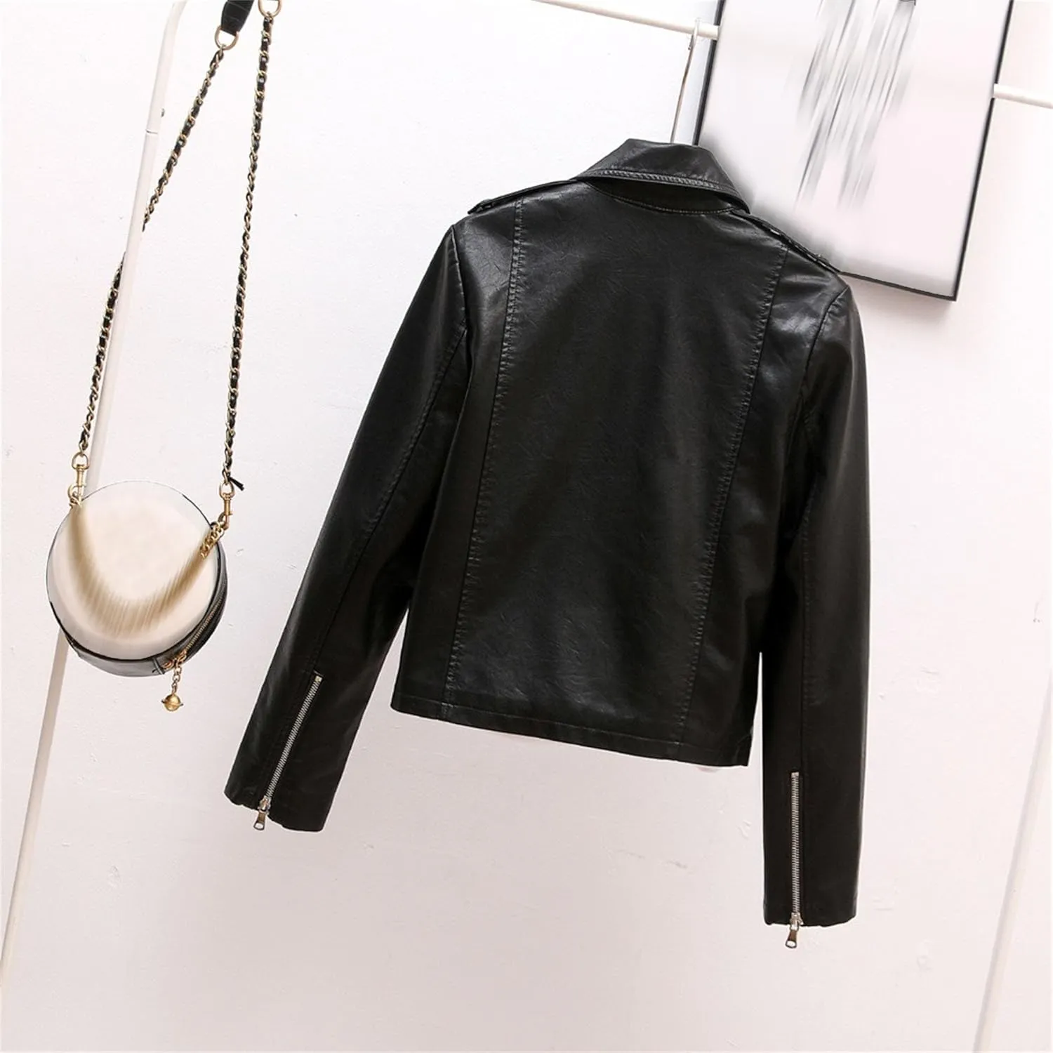 JEKE-DG Women's Wing Collar Solid Moto Biker Coat Faux PU Slim Fit Comfort Coat Jacket Asymmetrical Zip Casual Coats