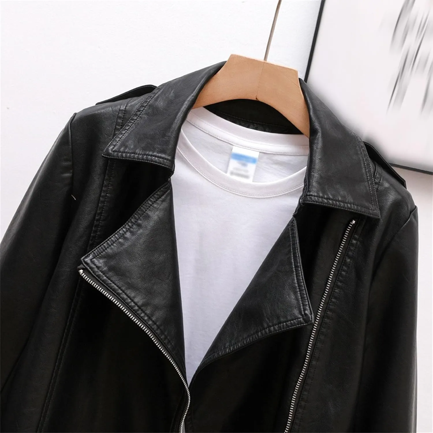 JEKE-DG Women's Wing Collar Solid Moto Biker Coat Faux PU Slim Fit Comfort Coat Jacket Asymmetrical Zip Casual Coats