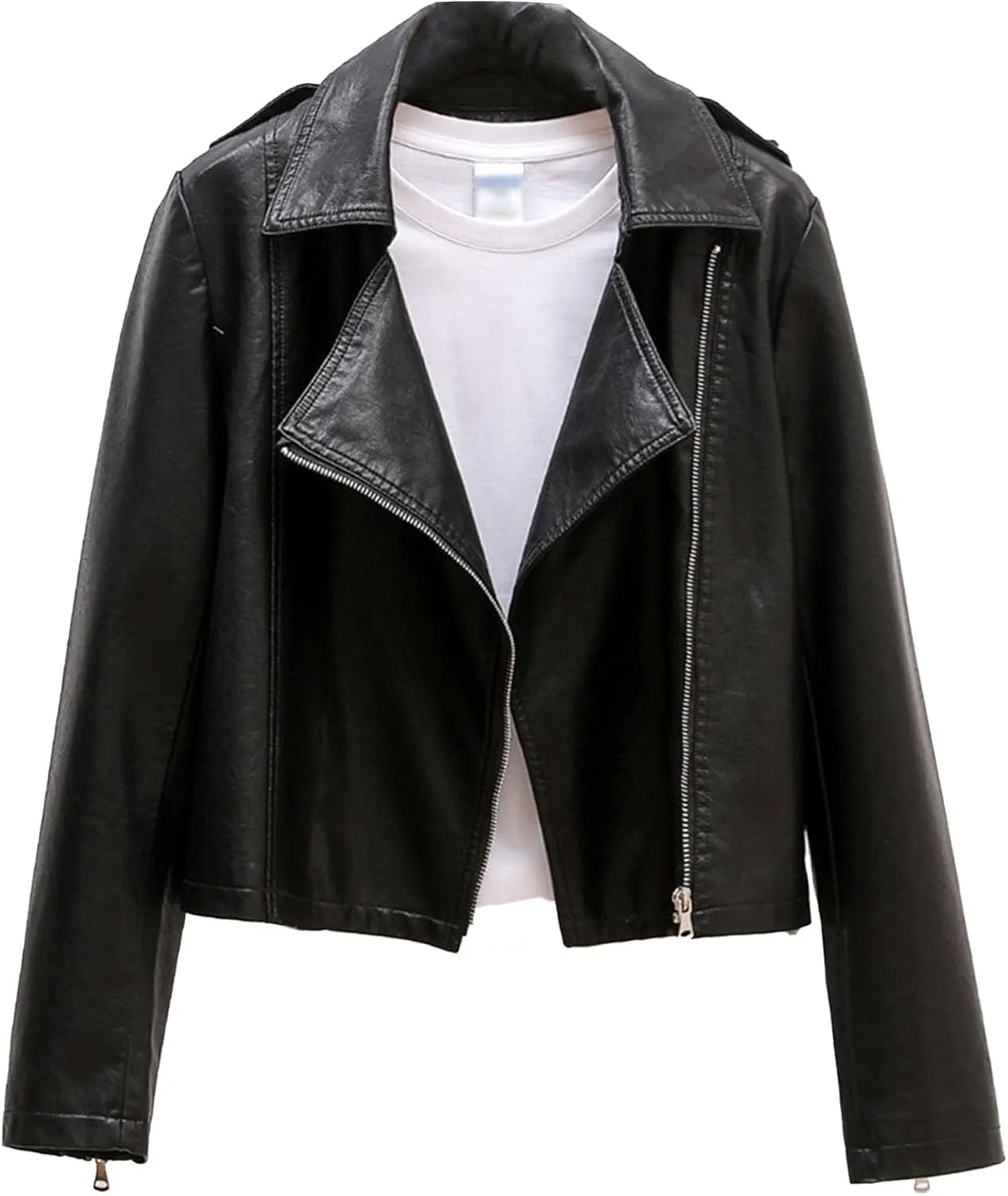 JEKE-DG Women's Wing Collar Solid Moto Biker Coat Faux PU Slim Fit Comfort Coat Jacket Asymmetrical Zip Casual Coats