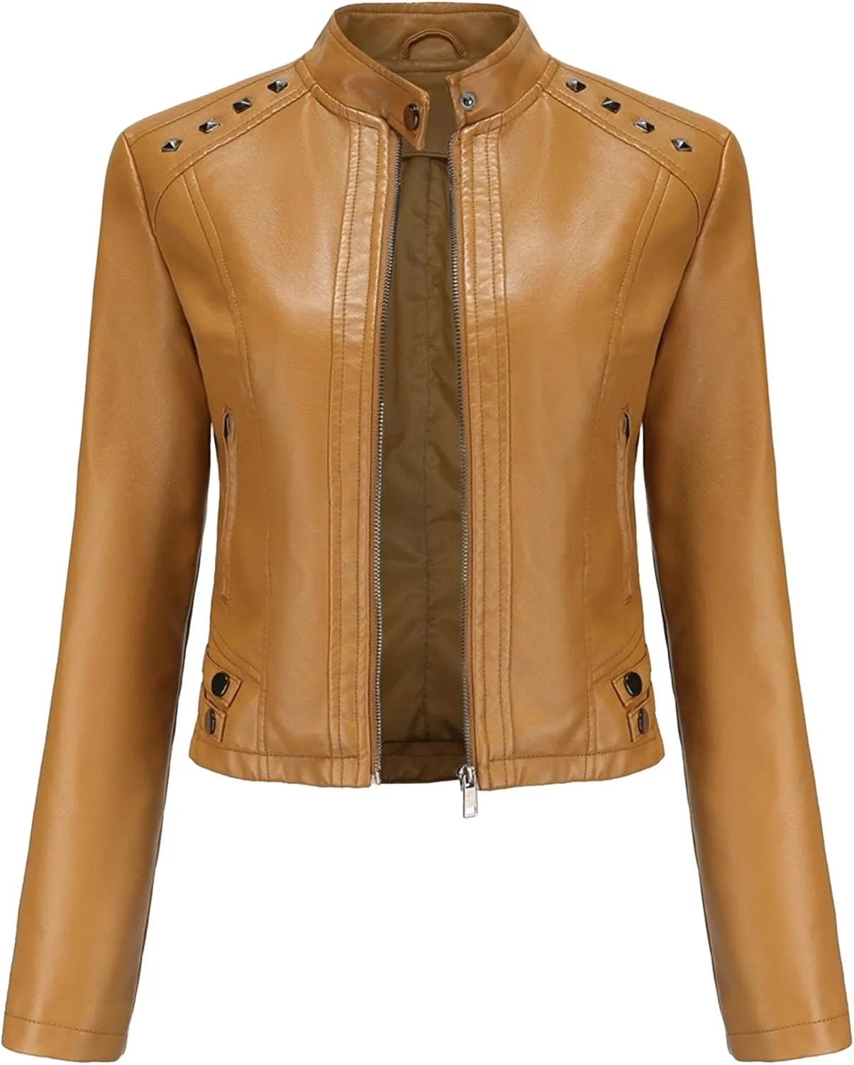 JEKE-DG Women's Zip Up Fashion Motorcycle Coat Stand Collar Cropped Coat Jacket Faux Leather Slim Fit Casual Coats