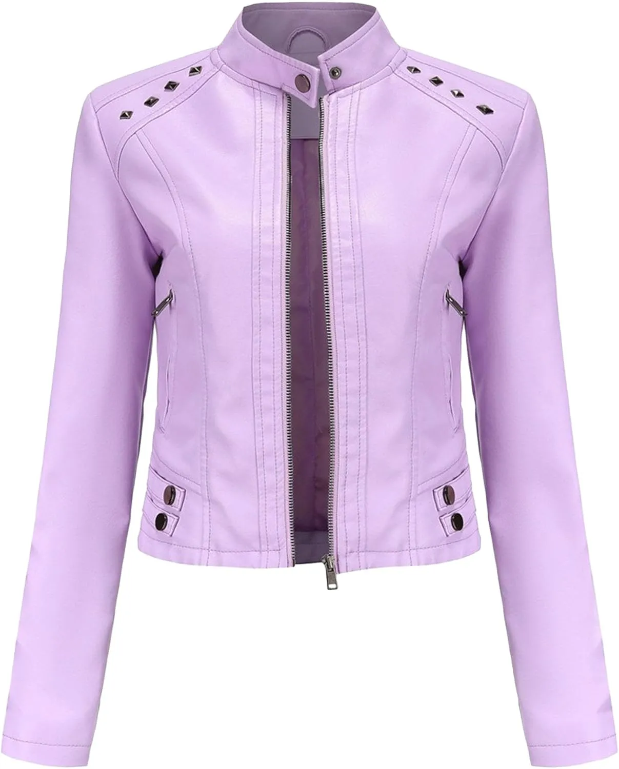 JEKE-DG Women's Zip Up Fashion Motorcycle Coat Stand Collar Cropped Coat Jacket Faux Leather Slim Fit Casual Coats