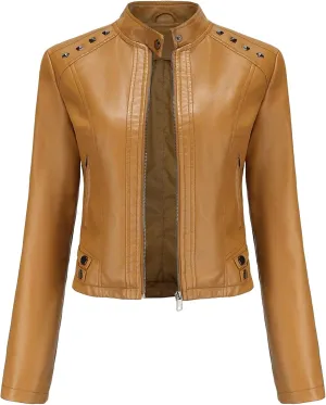 JEKE-DG Women's Zip Up Fashion Motorcycle Coat Stand Collar Cropped Coat Jacket Faux Leather Slim Fit Casual Coats