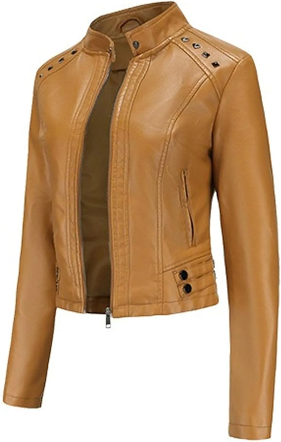 JEKE-DG Women's Zip Up Fashion Motorcycle Coat Stand Collar Cropped Coat Jacket Faux Leather Slim Fit Casual Coats