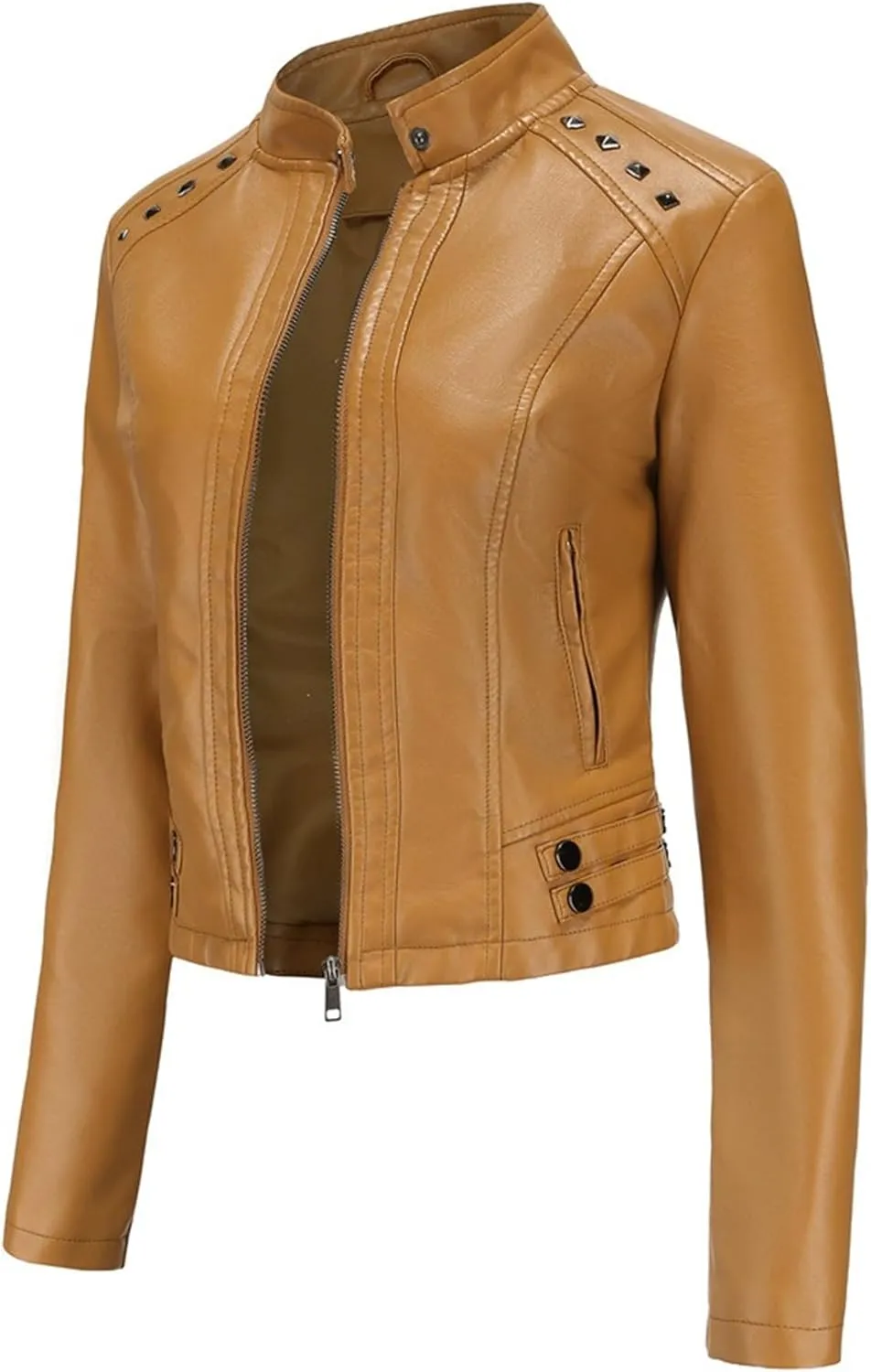 JEKE-DG Women's Zip Up Fashion Motorcycle Coat Stand Collar Cropped Coat Jacket Faux Leather Slim Fit Casual Coats