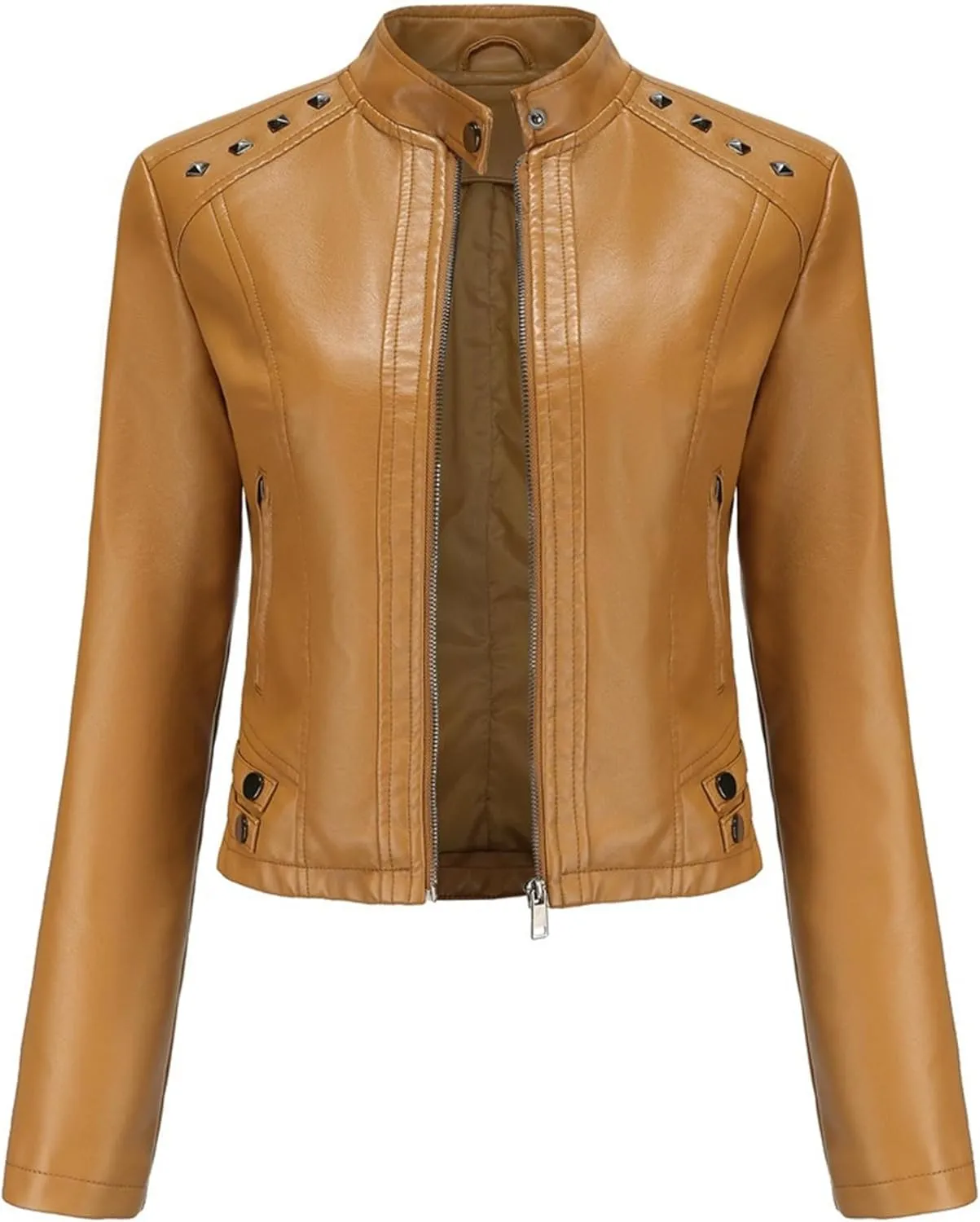 JEKE-DG Women's Zip Up Fashion Motorcycle Coat Stand Collar Cropped Coat Jacket Faux Leather Slim Fit Casual Coats