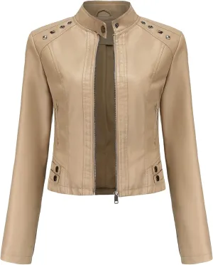 JEKE-DG Women's Zip Up Fashion Motorcycle Coat Stand Collar Cropped Coat Jacket Faux Leather Slim Fit Casual Coats
