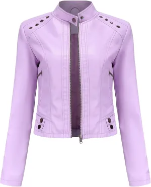 JEKE-DG Women's Zip Up Fashion Motorcycle Coat Stand Collar Cropped Coat Jacket Faux Leather Slim Fit Casual Coats