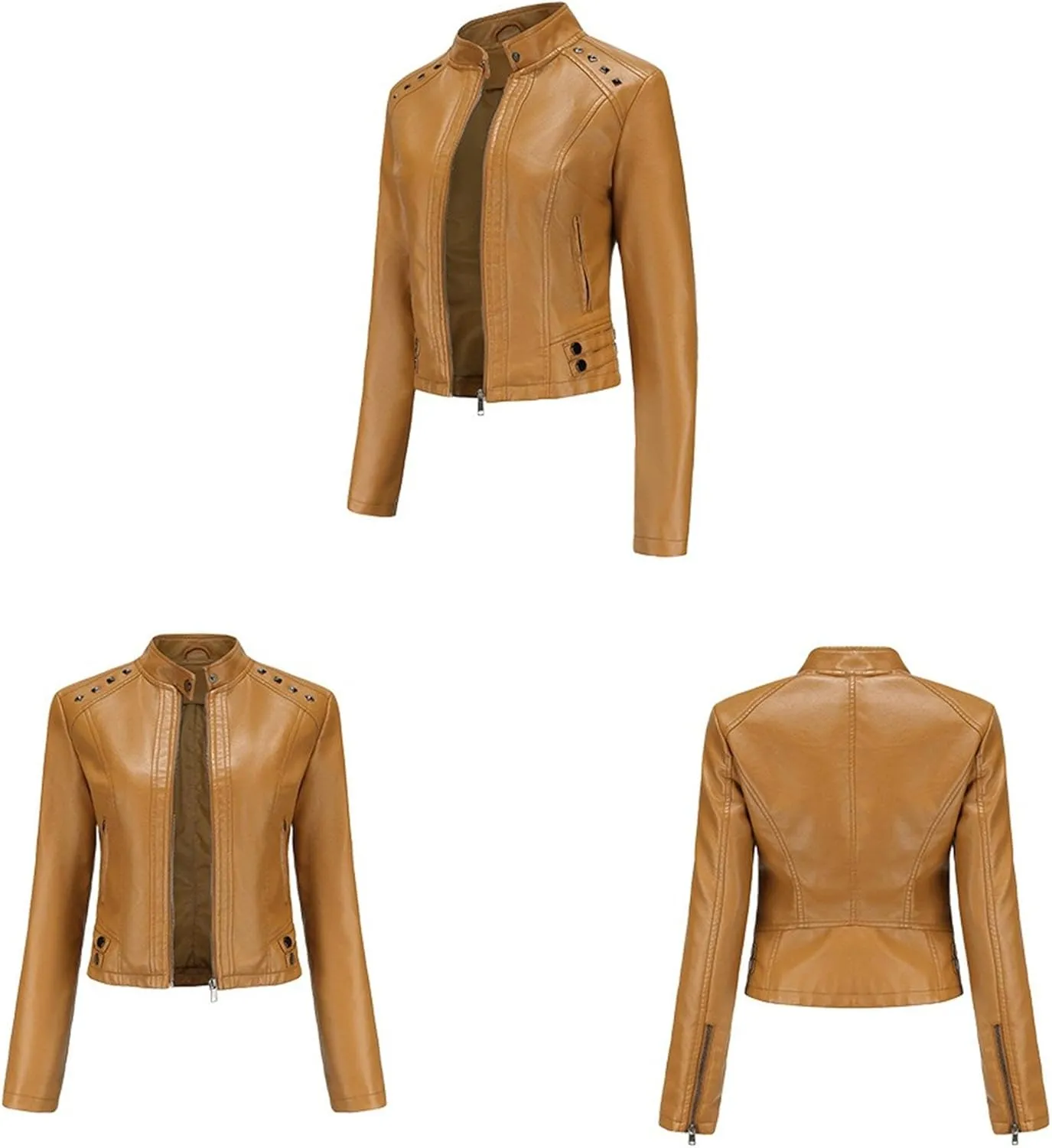 JEKE-DG Women's Zip Up Fashion Motorcycle Coat Stand Collar Cropped Coat Jacket Faux Leather Slim Fit Casual Coats
