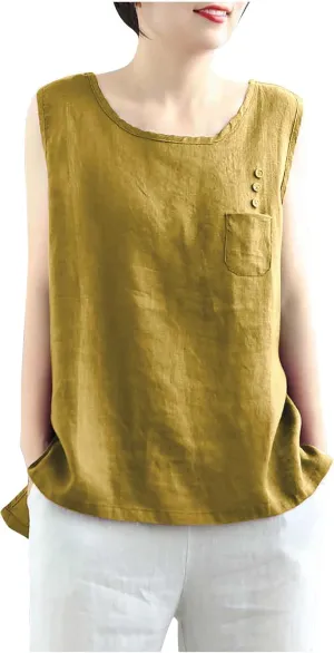 JOAU Cotton Linen Tank Tops for Womens Summer Sleeveless Crewneck Blouse Casual Solid Loose Basic Shirt with Pocket Plus Size