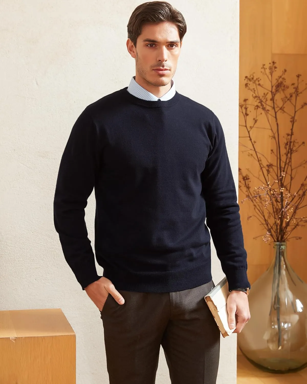Kallspin Men's Crew Neck Sweater Regular Fit Long Sleeve Pure Cotton Casual Knit Pullover Sweater