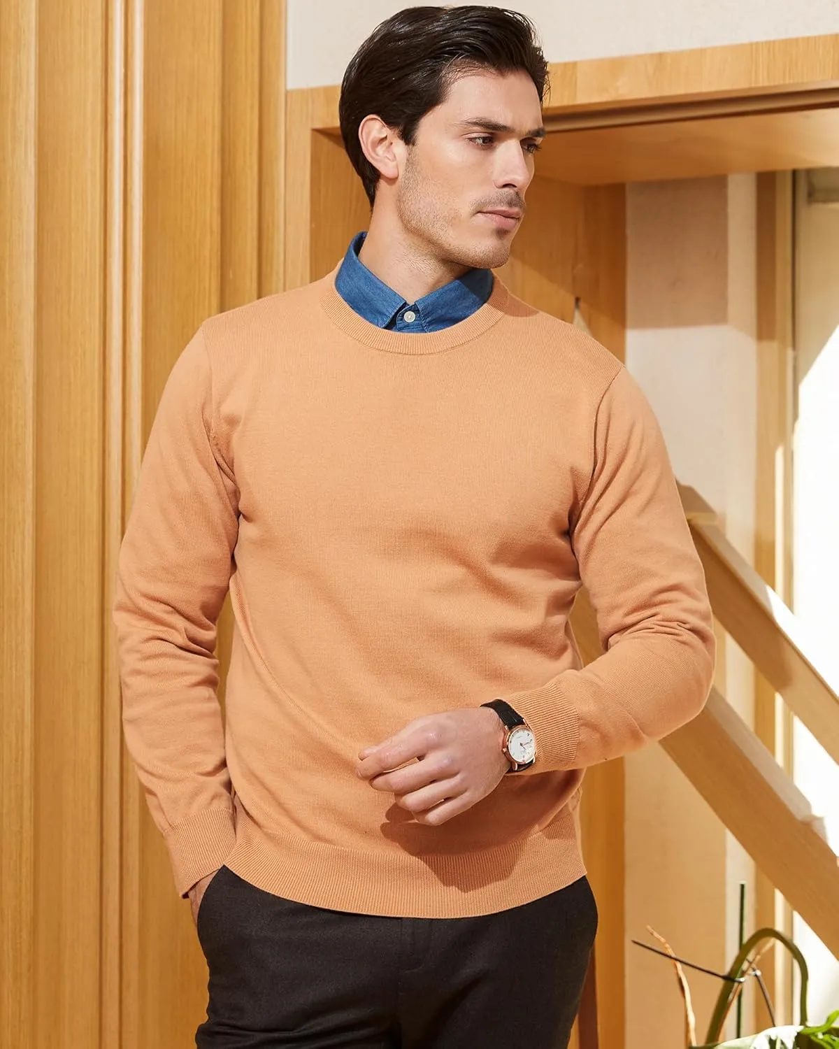 Kallspin Men's Crew Neck Sweater Regular Fit Long Sleeve Pure Cotton Casual Knit Pullover Sweater