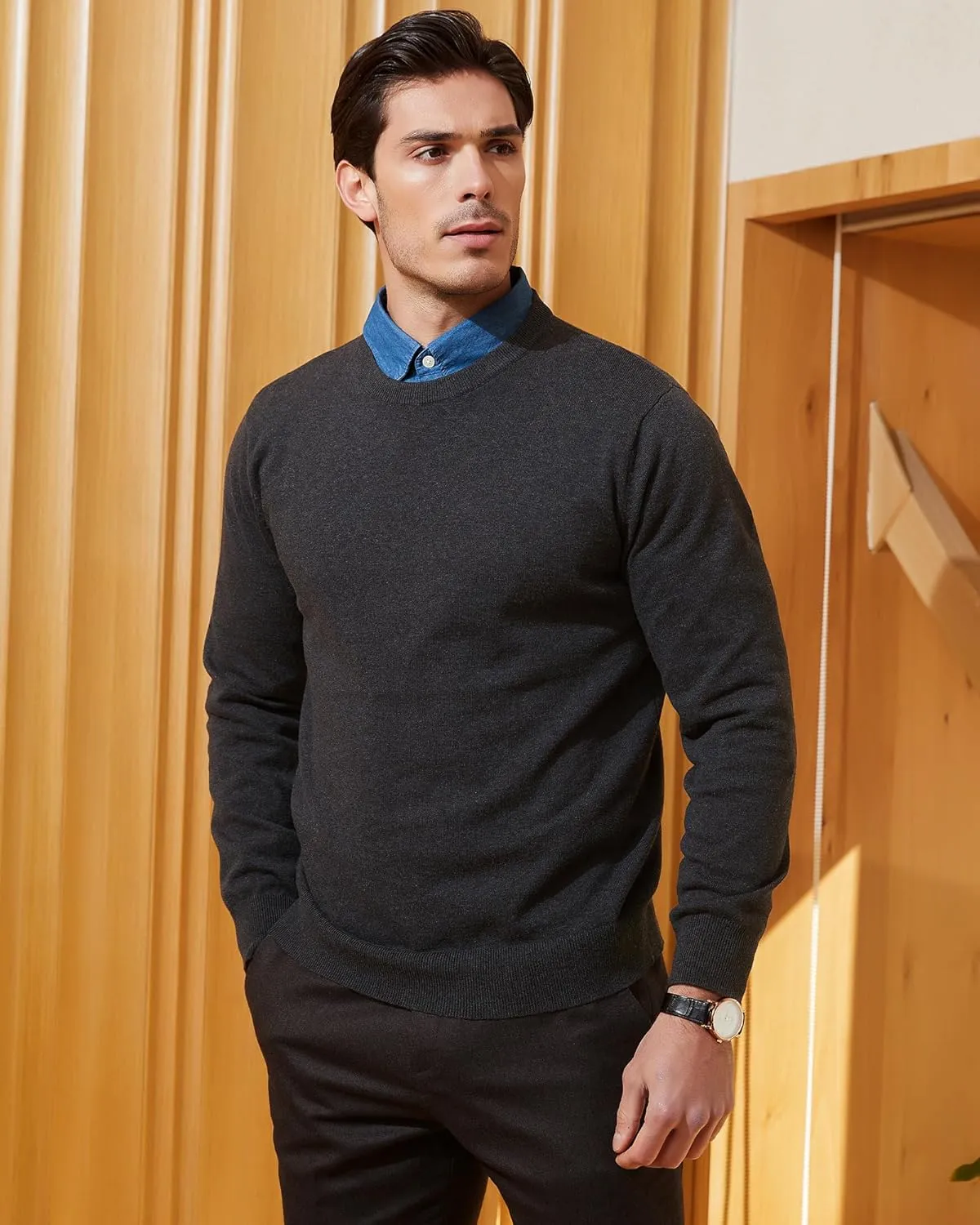 Kallspin Men's Crew Neck Sweater Regular Fit Long Sleeve Pure Cotton Casual Knit Pullover Sweater