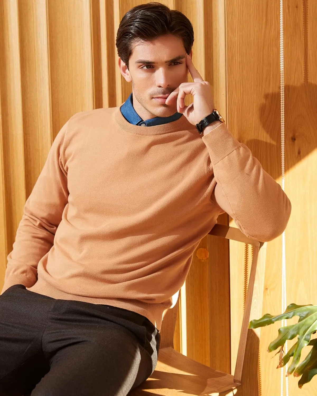 Kallspin Men's Crew Neck Sweater Regular Fit Long Sleeve Pure Cotton Casual Knit Pullover Sweater