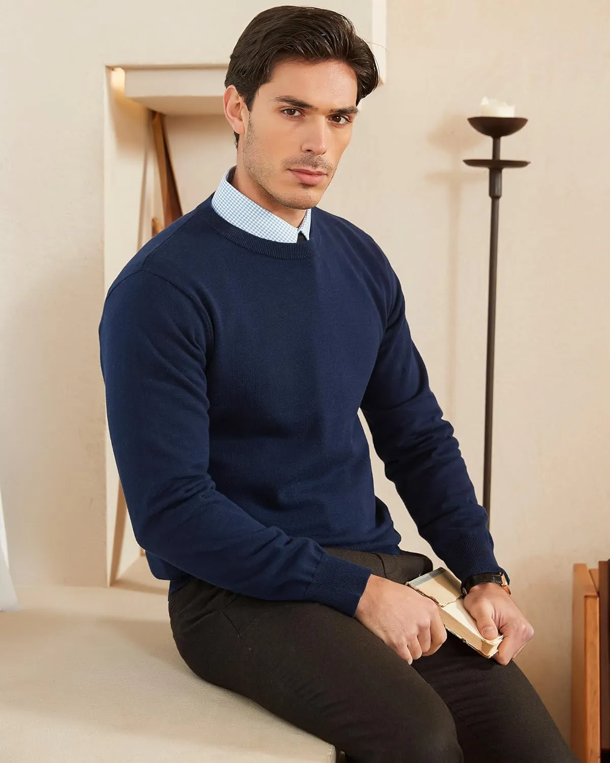 Kallspin Men's Crew Neck Sweater Regular Fit Long Sleeve Pure Cotton Casual Knit Pullover Sweater
