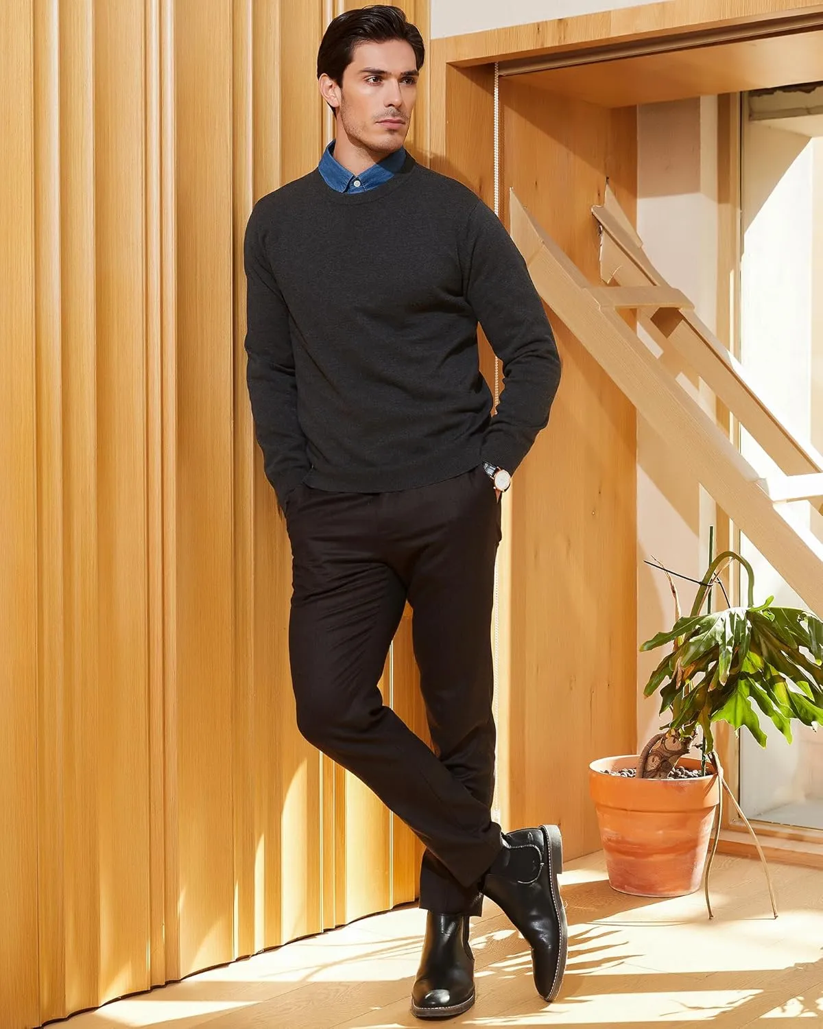 Kallspin Men's Crew Neck Sweater Regular Fit Long Sleeve Pure Cotton Casual Knit Pullover Sweater