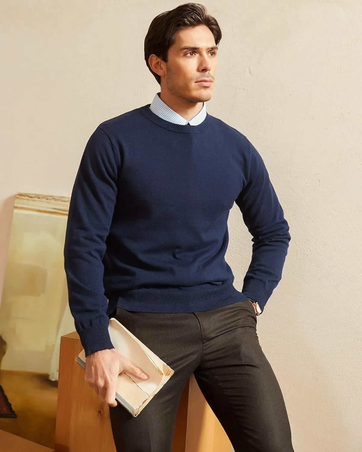 Kallspin Men's Crew Neck Sweater Regular Fit Long Sleeve Pure Cotton Casual Knit Pullover Sweater
