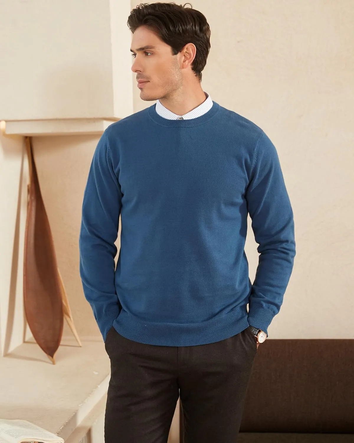 Kallspin Men's Crew Neck Sweater Regular Fit Long Sleeve Pure Cotton Casual Knit Pullover Sweater