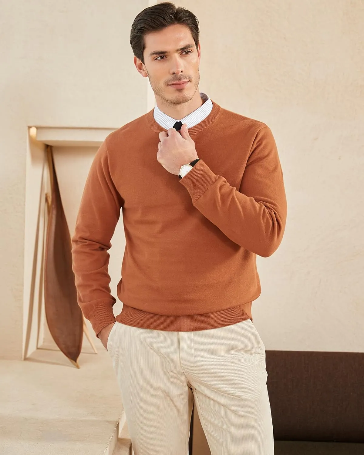 Kallspin Men's Crew Neck Sweater Regular Fit Long Sleeve Pure Cotton Casual Knit Pullover Sweater