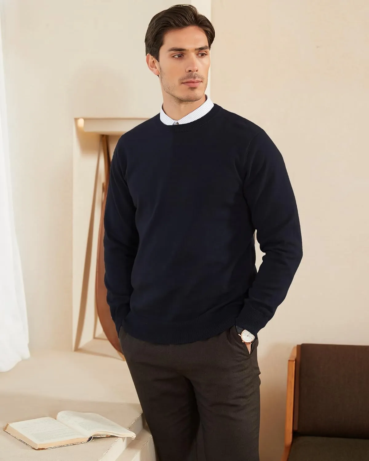 Kallspin Men's Crew Neck Sweater Regular Fit Long Sleeve Pure Cotton Casual Knit Pullover Sweater