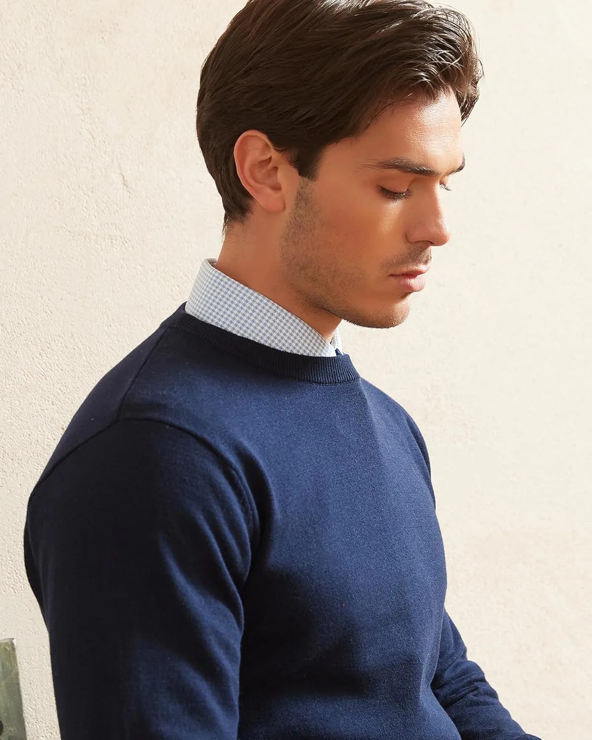 Kallspin Men's Crew Neck Sweater Regular Fit Long Sleeve Pure Cotton Casual Knit Pullover Sweater