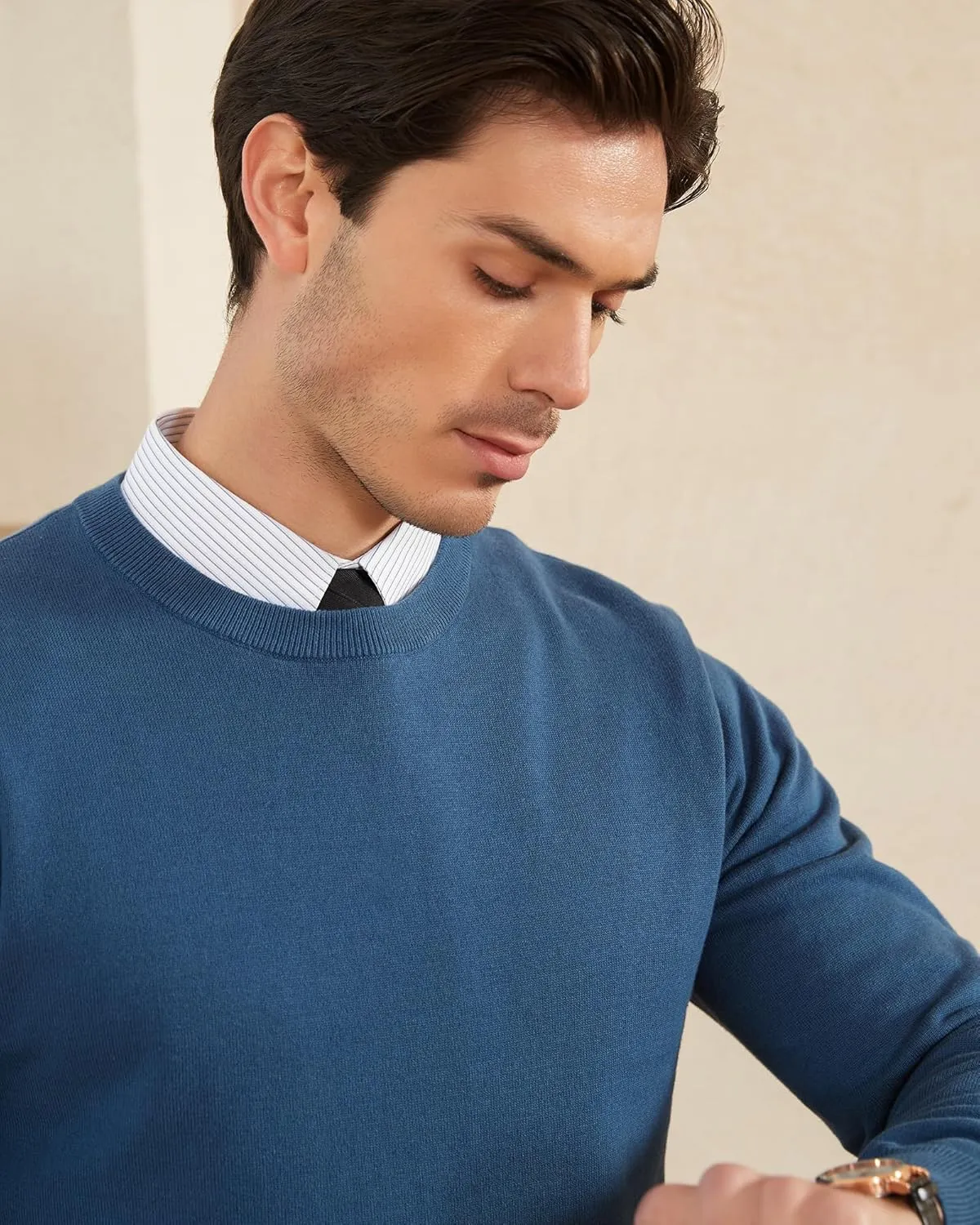 Kallspin Men's Crew Neck Sweater Regular Fit Long Sleeve Pure Cotton Casual Knit Pullover Sweater