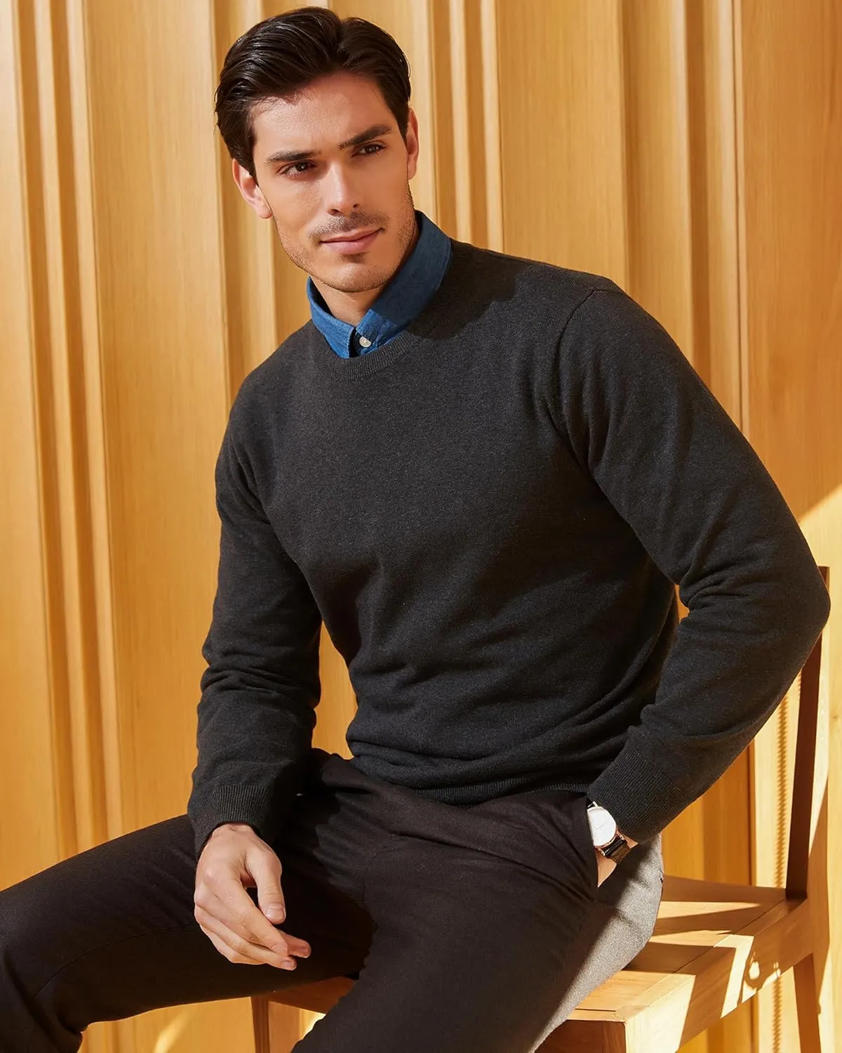 Kallspin Men's Crew Neck Sweater Regular Fit Long Sleeve Pure Cotton Casual Knit Pullover Sweater