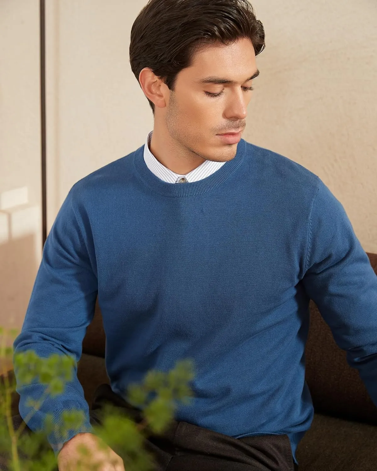 Kallspin Men's Crew Neck Sweater Regular Fit Long Sleeve Pure Cotton Casual Knit Pullover Sweater