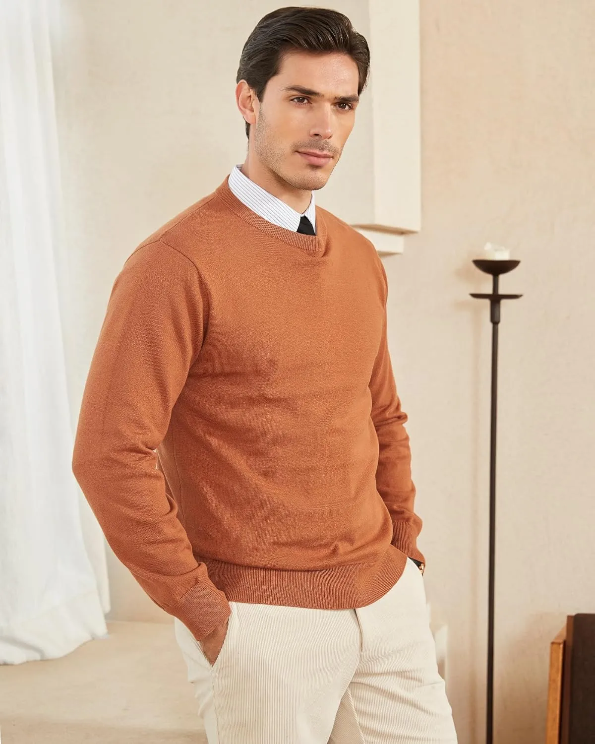 Kallspin Men's Crew Neck Sweater Regular Fit Long Sleeve Pure Cotton Casual Knit Pullover Sweater