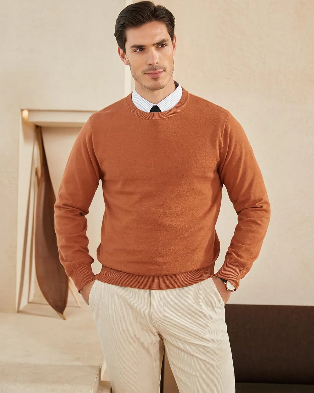 Kallspin Men's Crew Neck Sweater Regular Fit Long Sleeve Pure Cotton Casual Knit Pullover Sweater