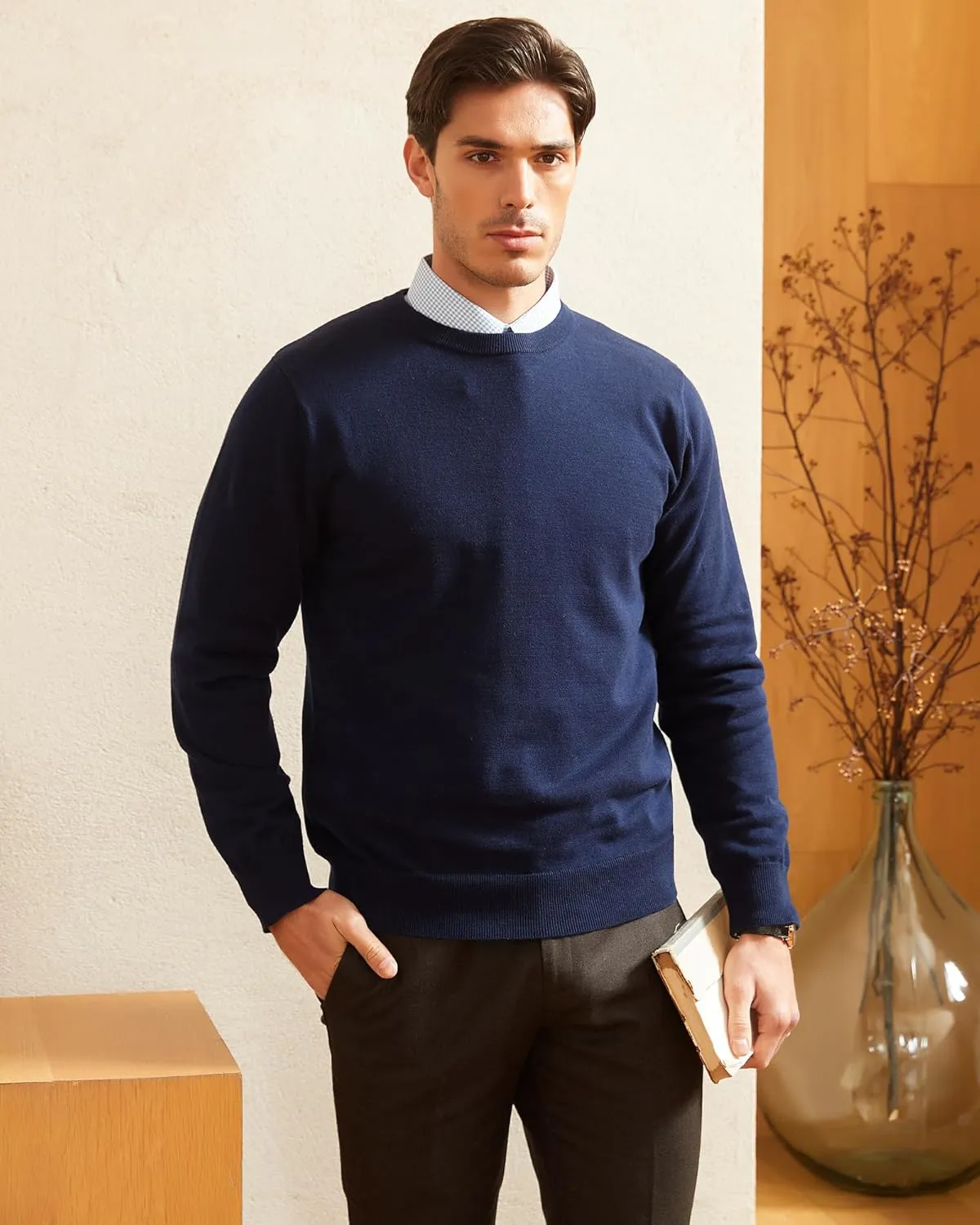 Kallspin Men's Crew Neck Sweater Regular Fit Long Sleeve Pure Cotton Casual Knit Pullover Sweater