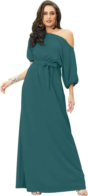 KOH KOH Womens Long Sexy One Shoulder Flowy Casual 3/4 Short Sleeve Maxi Dress