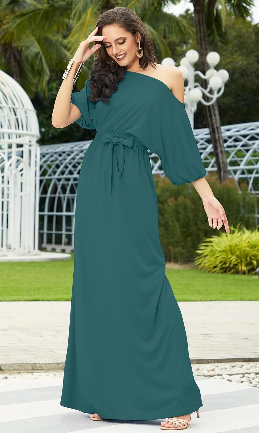 KOH KOH Womens Long Sexy One Shoulder Flowy Casual 3/4 Short Sleeve Maxi Dress