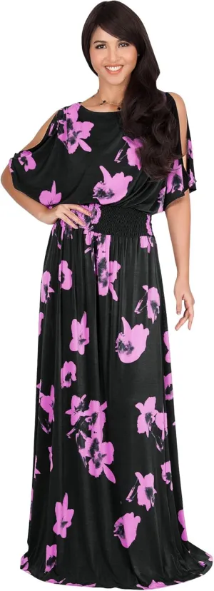 KOH KOH Womens Long Short Sleeve Printed Summer Sexy Casual Sundress Maxi Dress