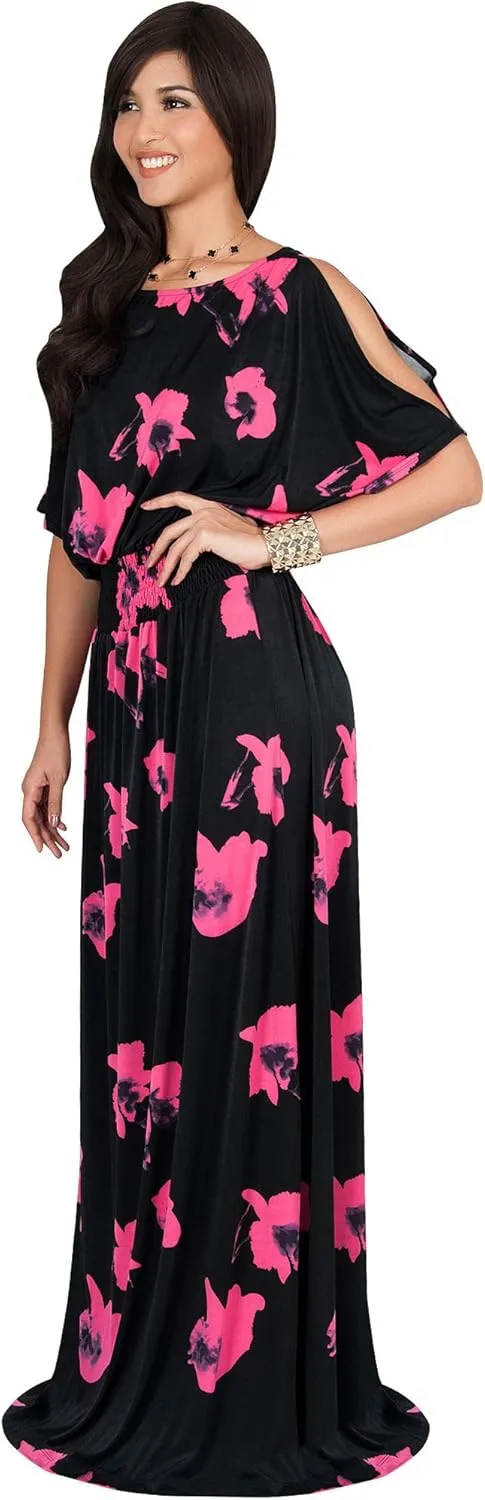 KOH KOH Womens Long Short Sleeve Printed Summer Sexy Casual Sundress Maxi Dress