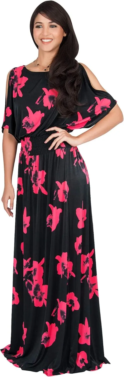 KOH KOH Womens Long Short Sleeve Printed Summer Sexy Casual Sundress Maxi Dress