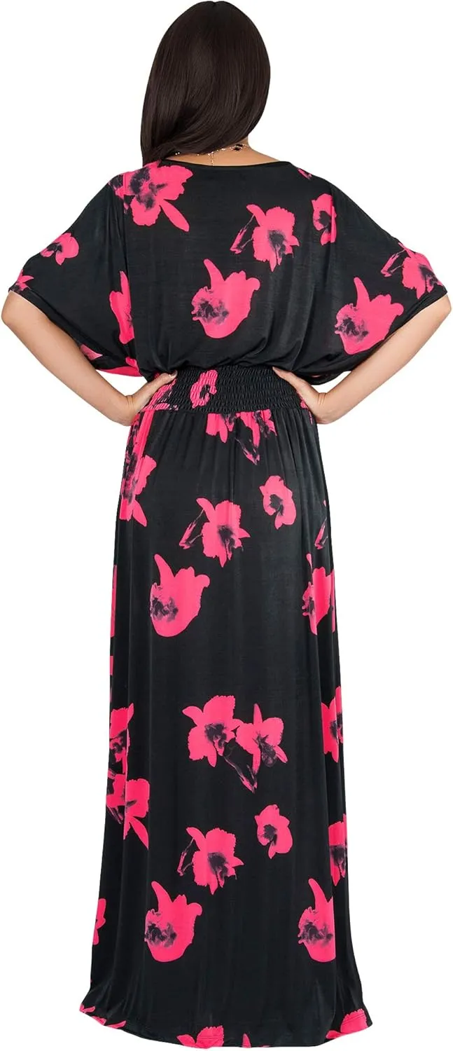 KOH KOH Womens Long Short Sleeve Printed Summer Sexy Casual Sundress Maxi Dress