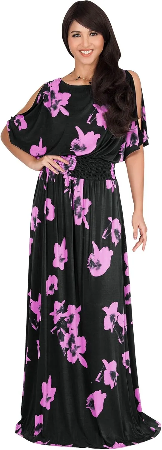 KOH KOH Womens Long Short Sleeve Printed Summer Sexy Casual Sundress Maxi Dress