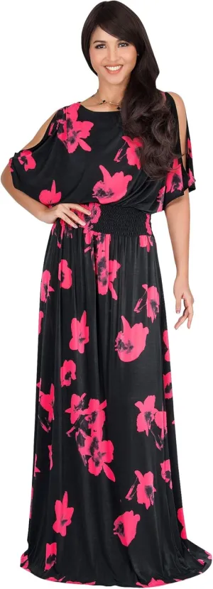 KOH KOH Womens Long Short Sleeve Printed Summer Sexy Casual Sundress Maxi Dress