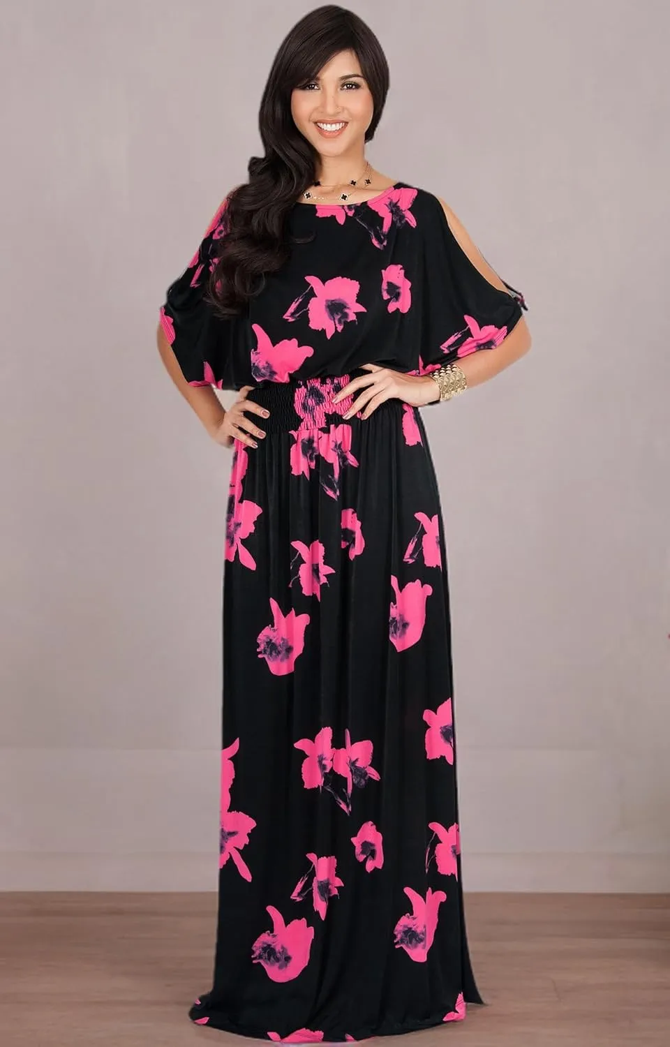 KOH KOH Womens Long Short Sleeve Printed Summer Sexy Casual Sundress Maxi Dress