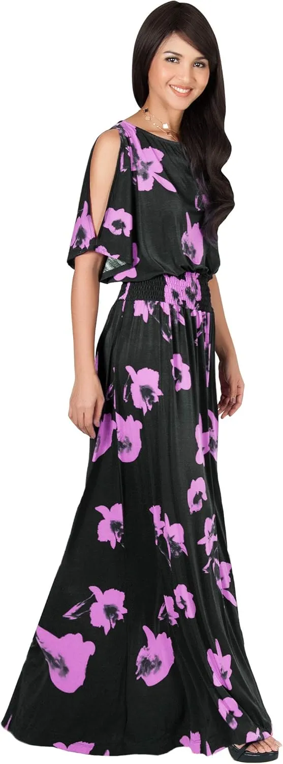 KOH KOH Womens Long Short Sleeve Printed Summer Sexy Casual Sundress Maxi Dress