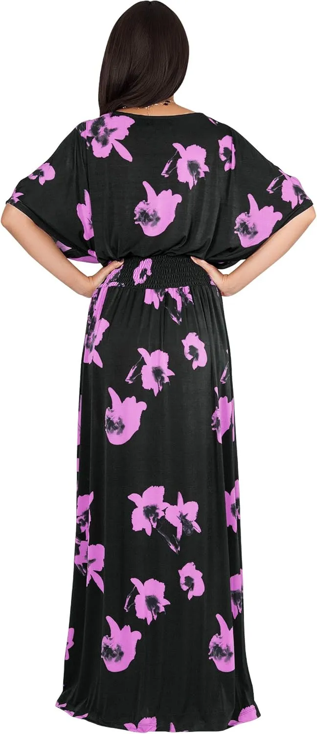 KOH KOH Womens Long Short Sleeve Printed Summer Sexy Casual Sundress Maxi Dress