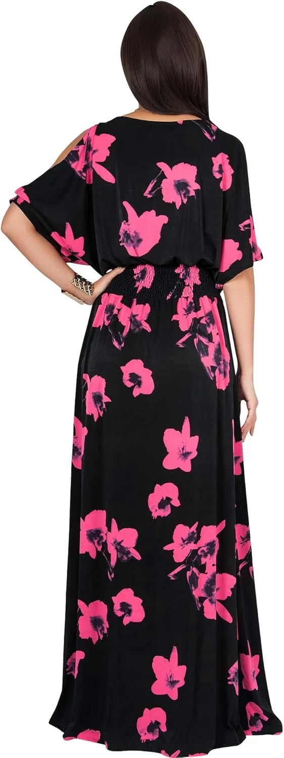 KOH KOH Womens Long Short Sleeve Printed Summer Sexy Casual Sundress Maxi Dress