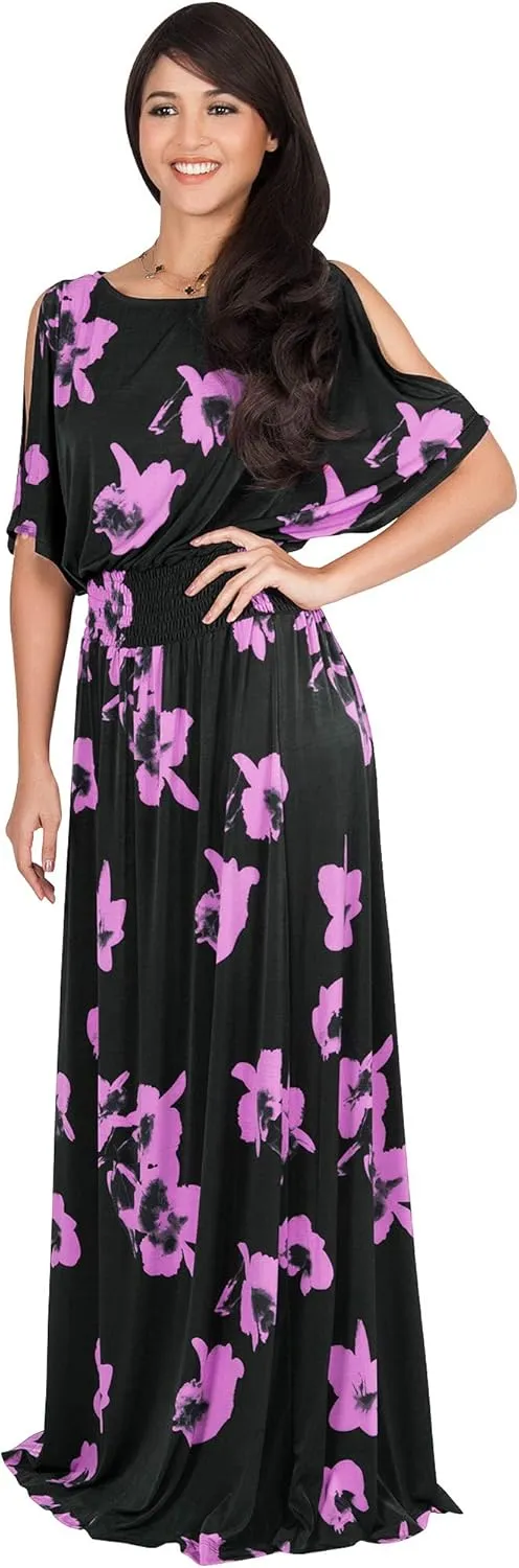 KOH KOH Womens Long Short Sleeve Printed Summer Sexy Casual Sundress Maxi Dress