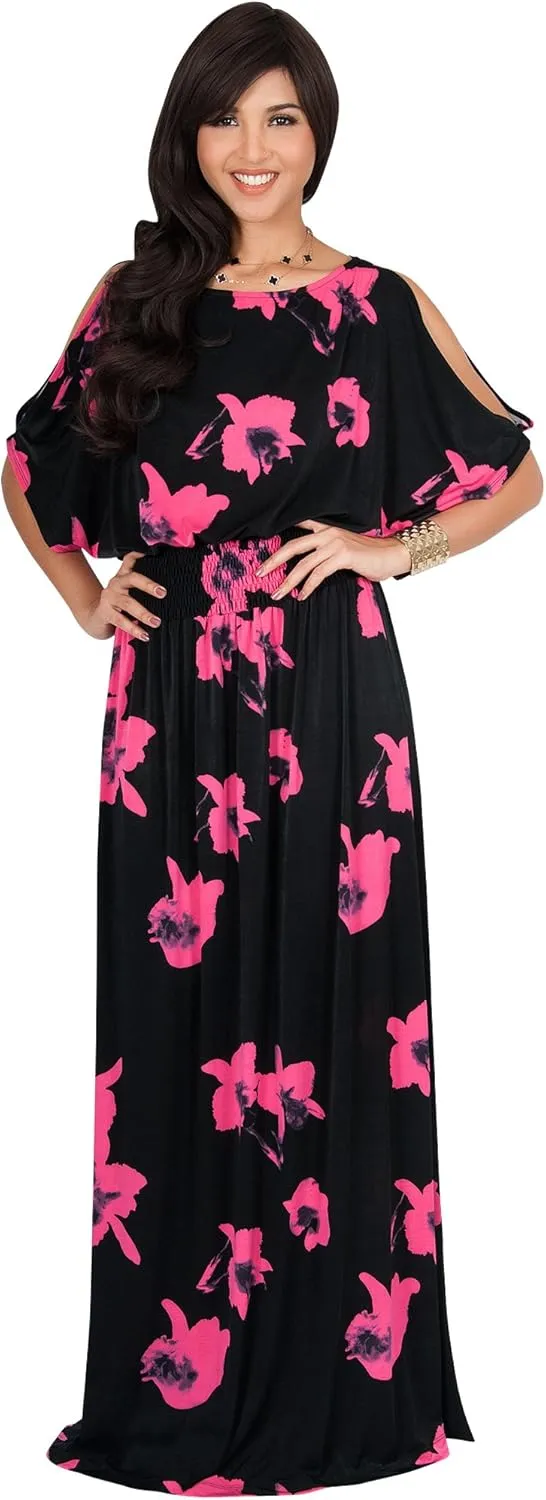 KOH KOH Womens Long Short Sleeve Printed Summer Sexy Casual Sundress Maxi Dress