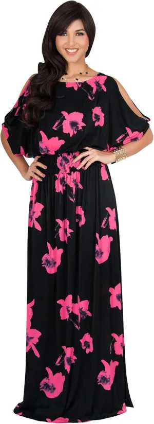 KOH KOH Womens Long Short Sleeve Printed Summer Sexy Casual Sundress Maxi Dress