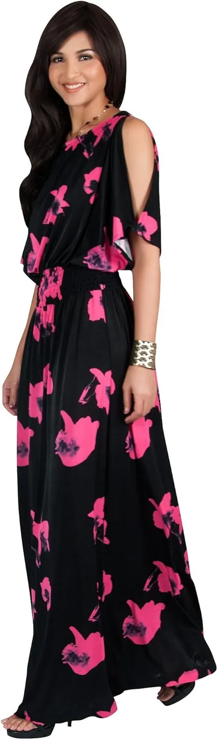 KOH KOH Womens Long Short Sleeve Printed Summer Sexy Casual Sundress Maxi Dress